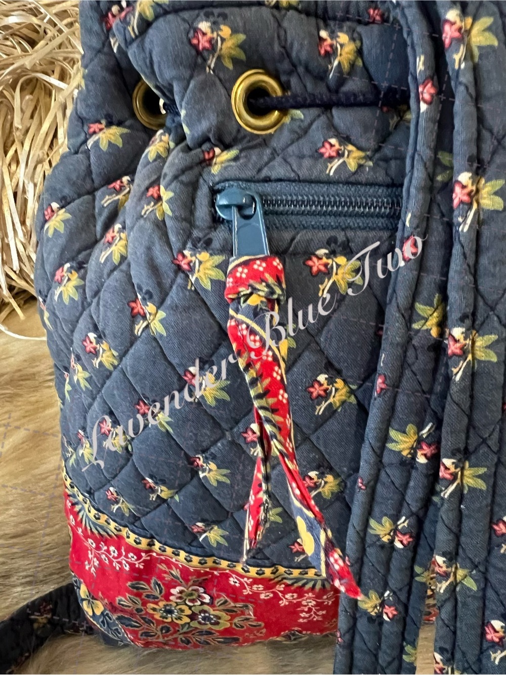 Vintage VERA BRADLEY Emily 2005 Mimi Flap Drawstring Backpack USA Red Blue Y2K - Picture 6 of 14